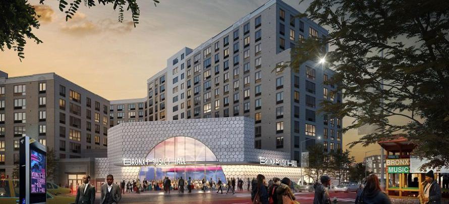 renderings of the Bronx Commons and Bronx Music Hall development courtesy of Danois Architects, WXY Architecture + Urban Design 