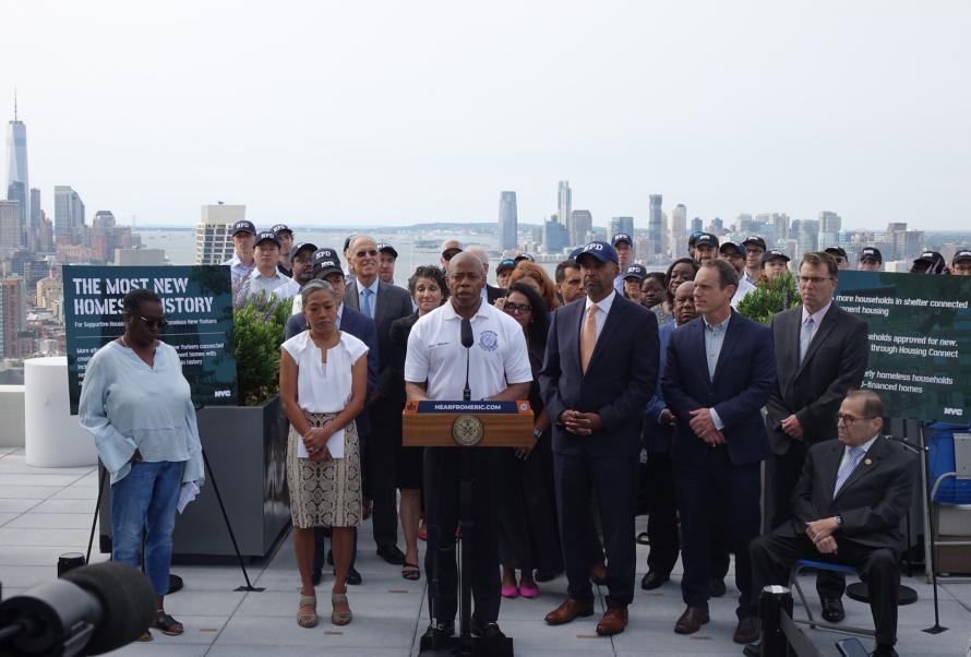 New York City Mayor Eric Adams, alongside city agency leadership announcing housing production