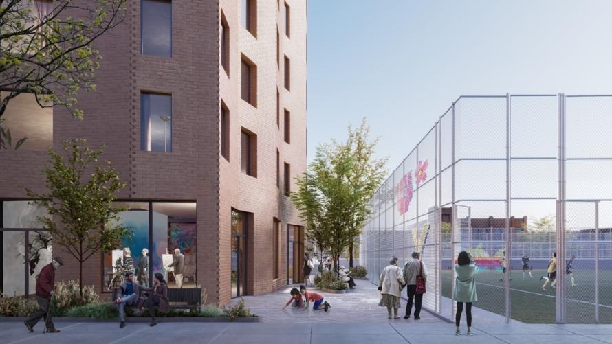 Rendering of the proposed plans for Park Edge at 542 Dean Street shows the new entrance to the park and public space created as part of the design for the affordable senior housing project. (Rendering courtesy of GRAPH) 