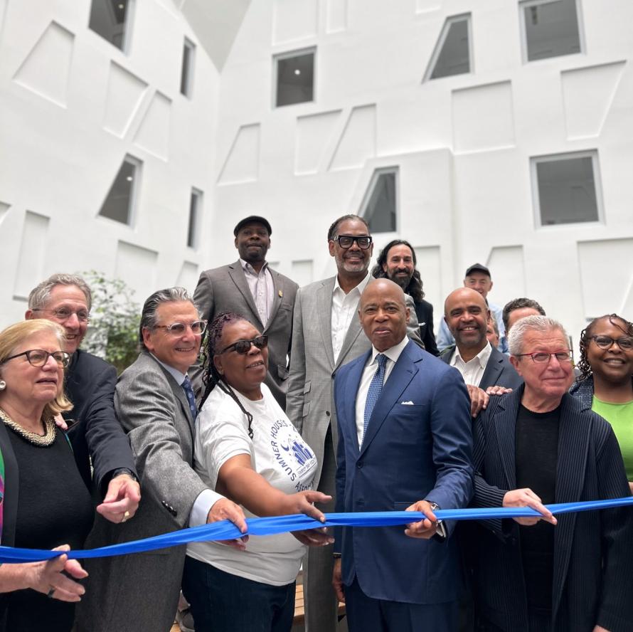 Mayor Adams, public officials, and partners cut the ribbon at the Atrium at Sumner
