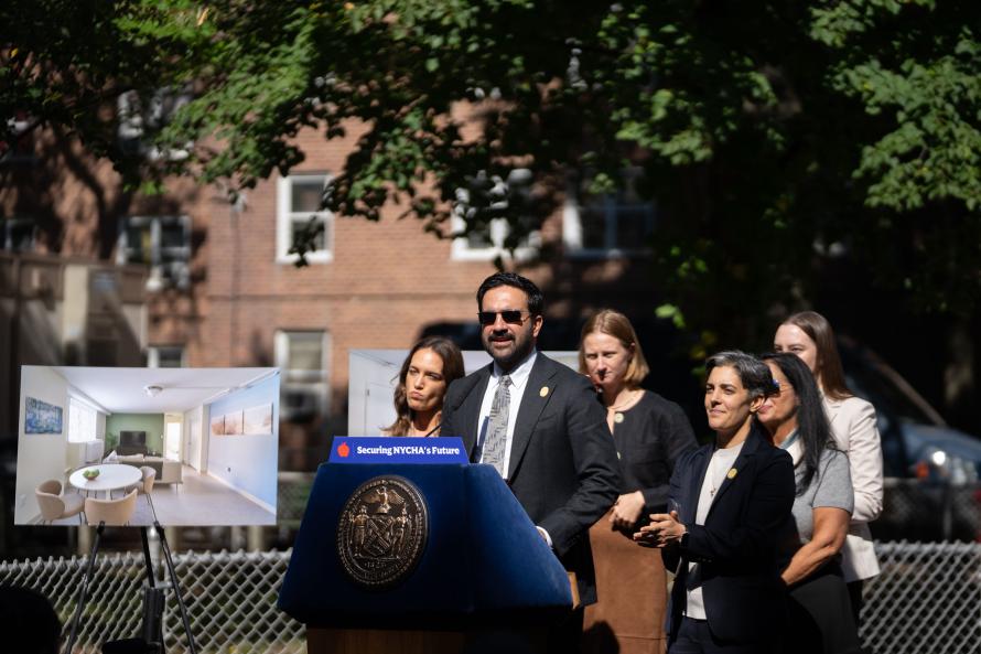 Mayor Zohran Kwame Mamdani makes a housing TRUST announcement at the NYCHA’s Nostrand Houses in Brooklyn. Michael Appleton/Mayoral Photography Office