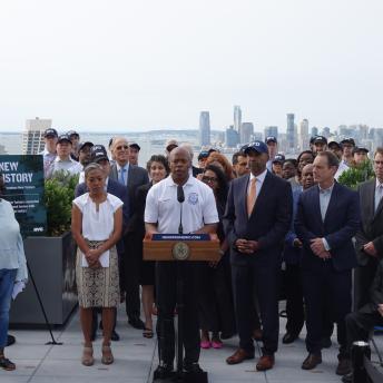 New York City Mayor Eric Adams, alongside city agency leadership announcing housing production
