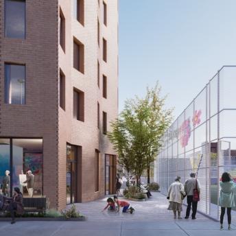 Rendering of the proposed plans for Park Edge at 542 Dean Street shows the new entrance to the park and public space created as part of the design for the affordable senior housing project. (Rendering courtesy of GRAPH) 